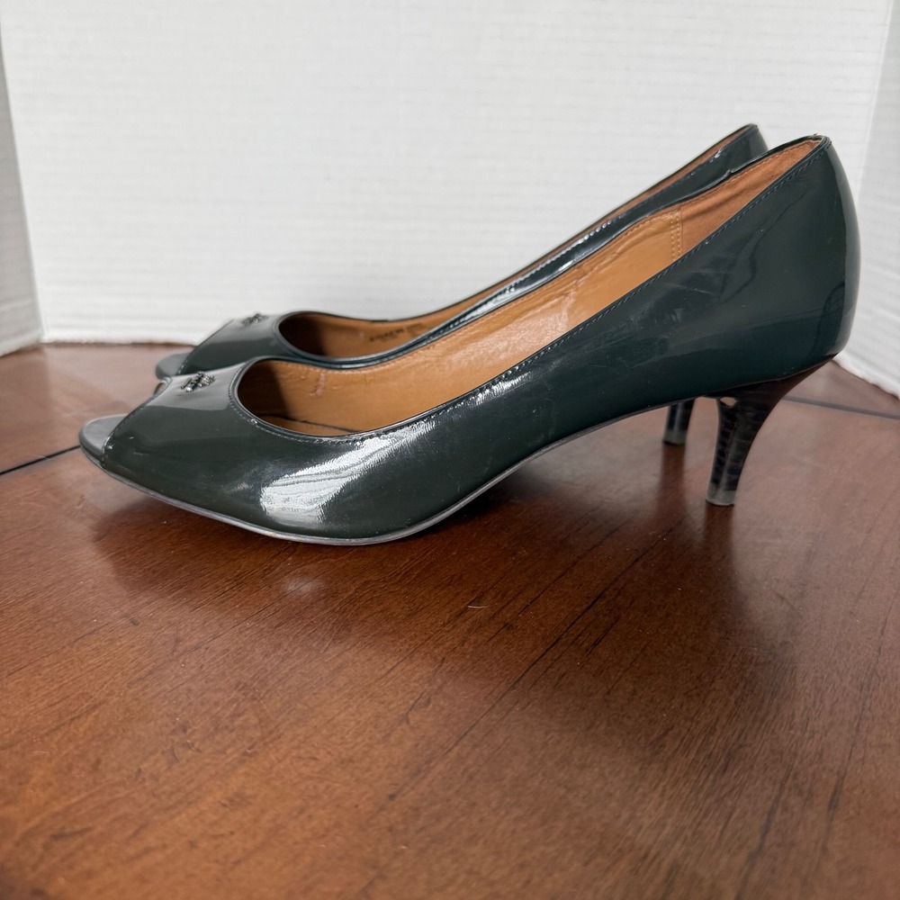 Coach Womens 11 B Forest Green Patent Leather Peep Toe Kitten Heel Pumps